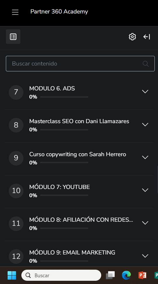 Captura Módulos del 6 en adelante. Partner 360 Acádemy.