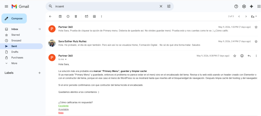 Captura de Gmail, como ejemplo de soporte Partner 360 Acádemy.