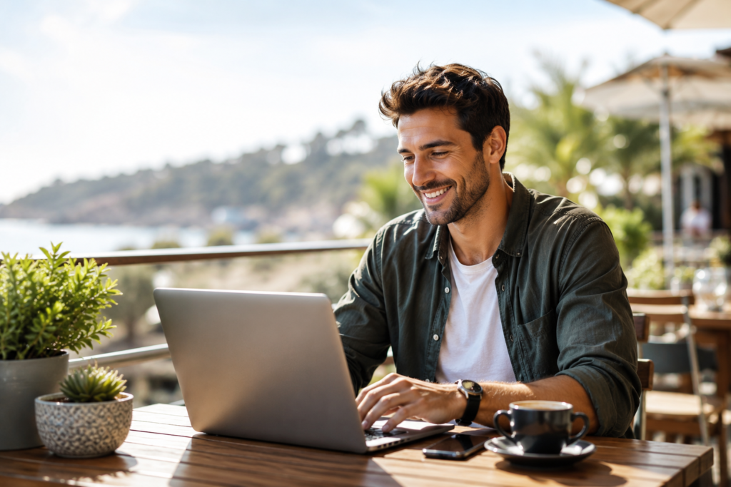 Persona trabajando en ordenador, desde la comodidad de un balcón con vistas a un paisaje, feliz.